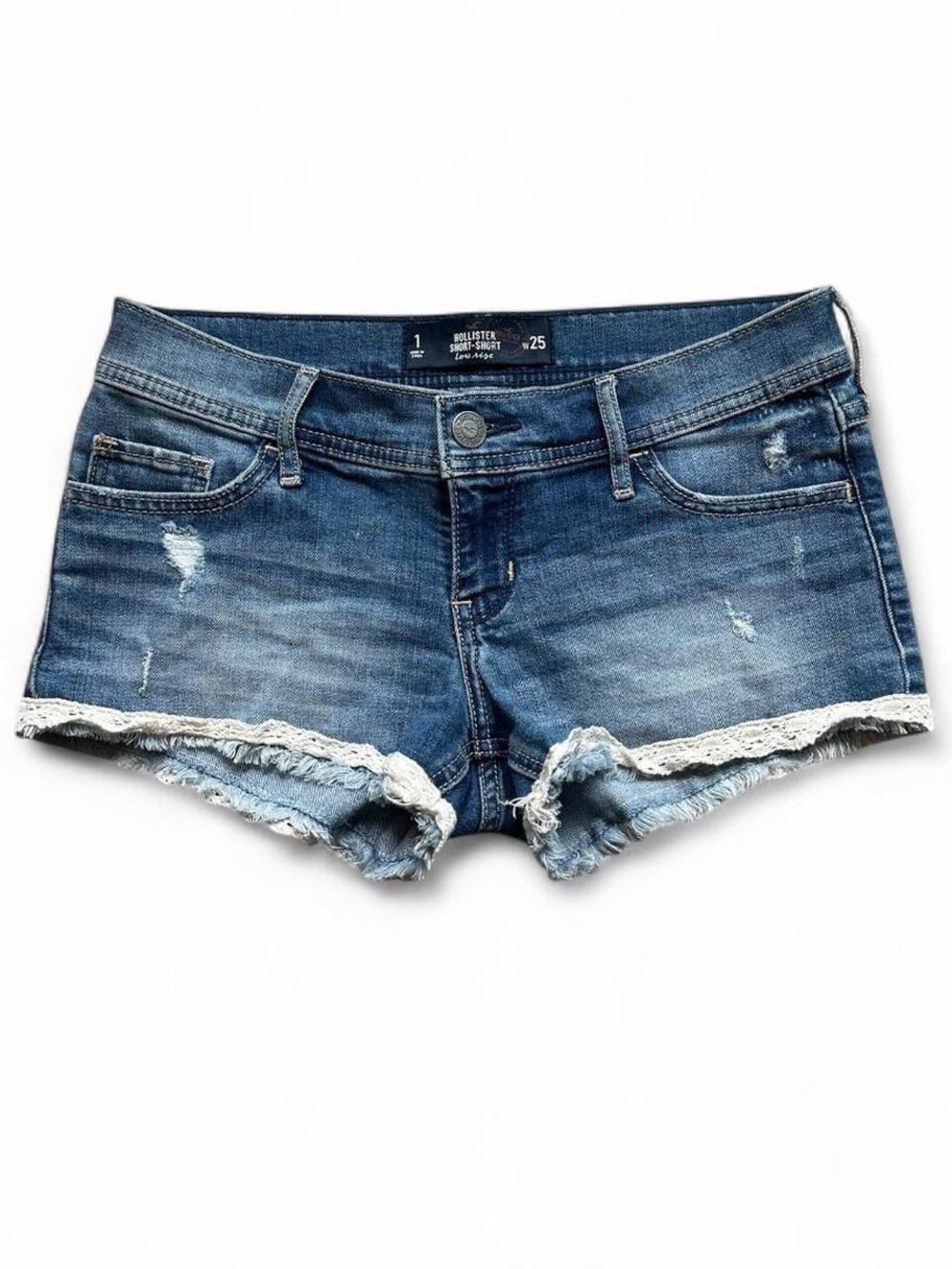 Hollister Denim Lace-Hem Distressed Shortie - Medium Blue